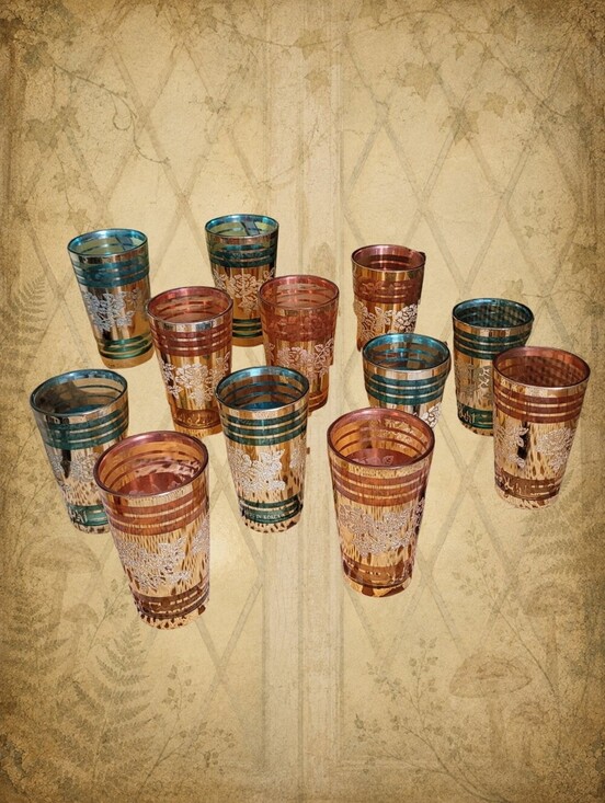 Other - 12 Vintage Drinking Glasses from Korea - Orange, Turquoise & Gold Roses